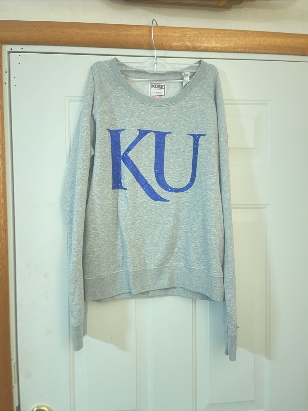 Kansas Jayhawks PINK Women's Large Heather Gray Fleece Crew Neck Sweatshirt